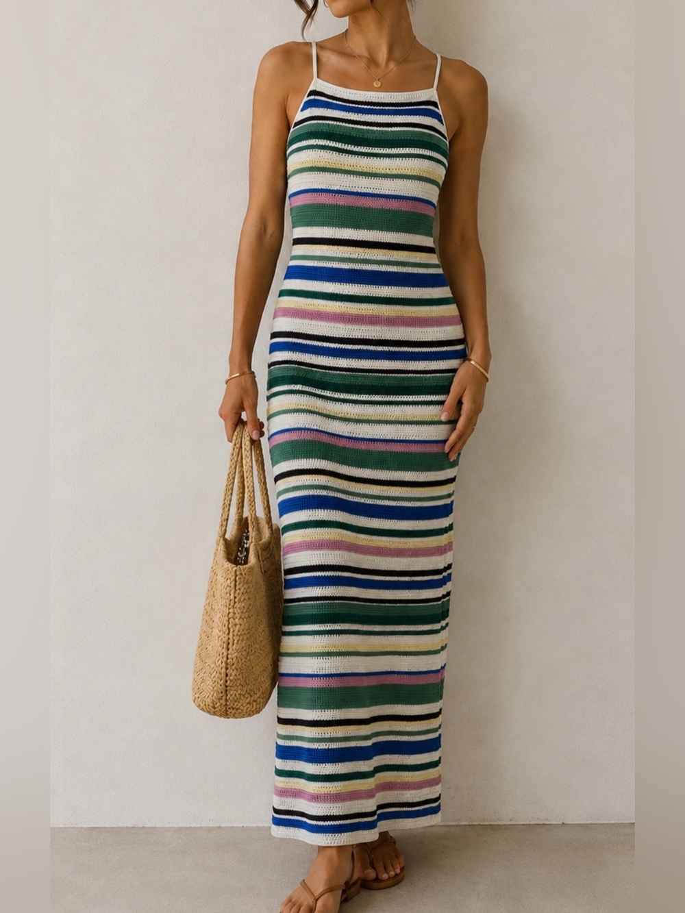 NWT Abercrombie & Fitch Multi Color Striped Crochet Knit Lace Up Maxi Dress S